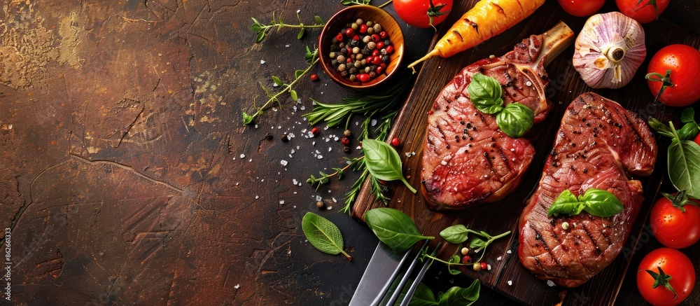 Poster fresh meat steak on cutting board with vegetables and herbs - selected focus in a ready-to-cook copy