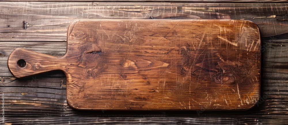 Leinwandbilder Wooden chopping board for slicing bread, pizza, or steak on a wooden surface with a space for text. Viewed from above. Copy space image. Place for adding text and design