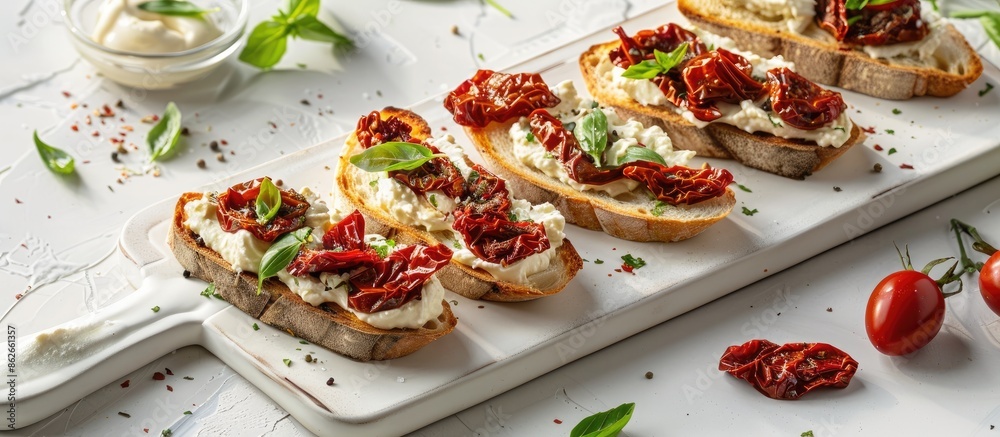Poster a platter featuring sun-dried tomatoes and cream cheese on toast, displayed on a white board against
