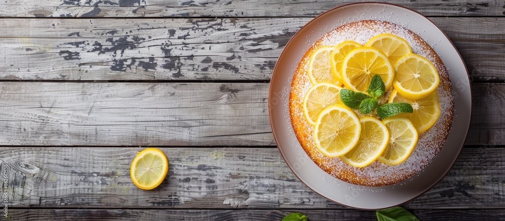 Poster top view of a delicious lemon cake with glaze on a wooden table with a copy space image available fo
