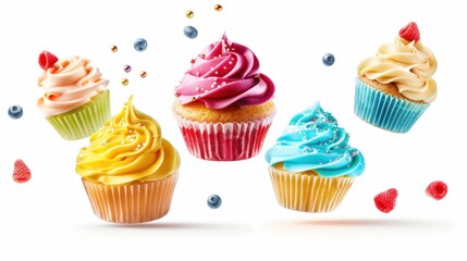 Five Colorful Cupcakes with Sprinkles and Berries in Mid-Air