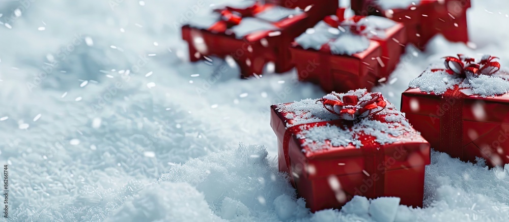 Poster Red gift boxes placed in the snow on a white backdrop with a designated area for text or images. Copy space image. Place for adding text and design