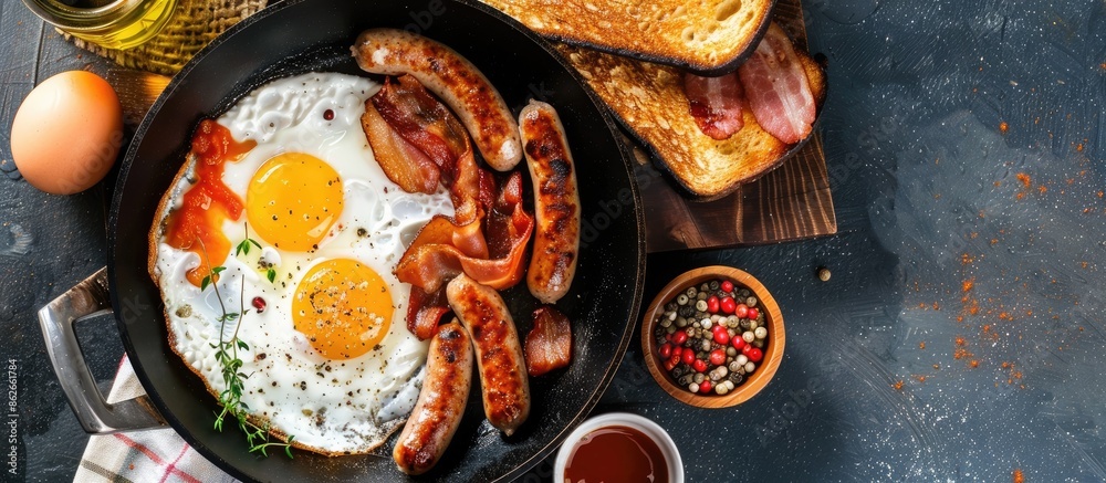 Poster a classic english breakfast featuring a fried egg, bacon, sausage, and toast prepared in a pan with 