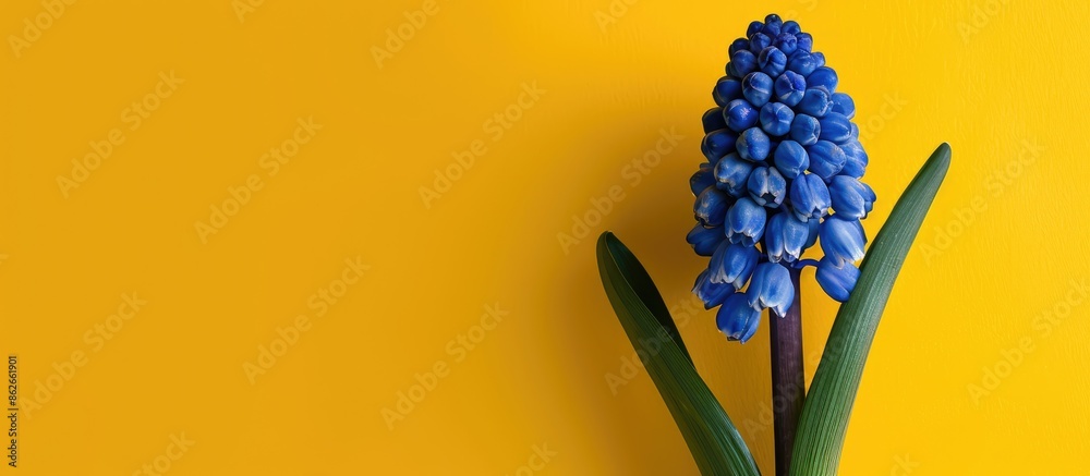 Poster a blue grape hyacinth flower contrasting a yellow backdrop, creating a vibrant spring copy space ima