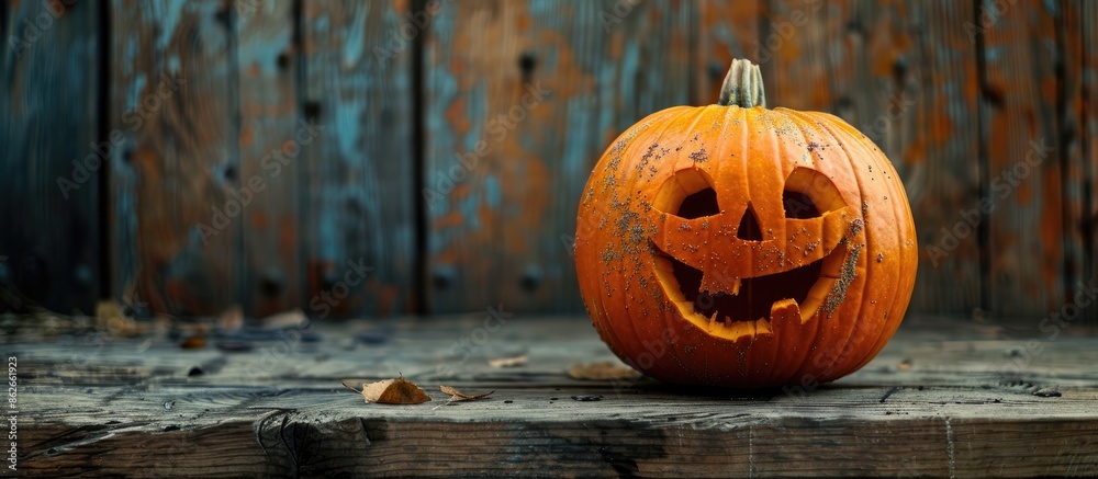 Poster an orange pumpkin with a cheerful expression carved on it against a wooden backdrop, suitable for us