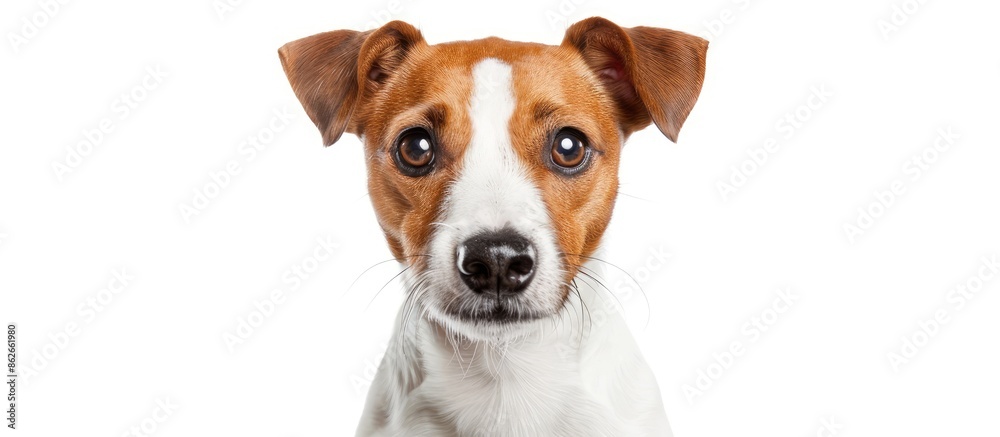 Poster a one-year-old jack russell terrier is seated against a white backdrop, with ample space around it f