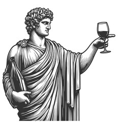 Obraz premium classical statue holding a wine glass and bottle, ancient art with a touch of elegance sketch engraving generative ai vector illustration. Scratch board imitation. Black and white image.