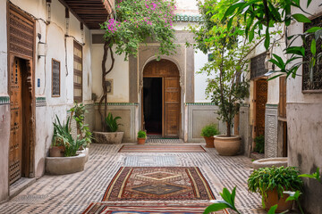 Obraz premium Typical Moroccan Riad House with Walls Full of Brown Mosaic and Carpets: Traditional Interior Design in Fes, Reflecting Rich Cultural Heritage of Morocco.