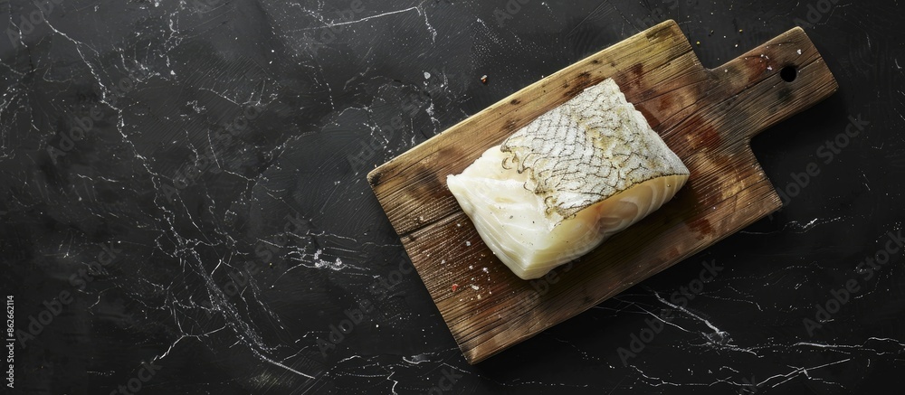 Poster halibut fish steak on a wooden board against a black background from a top view, featuring copy spac