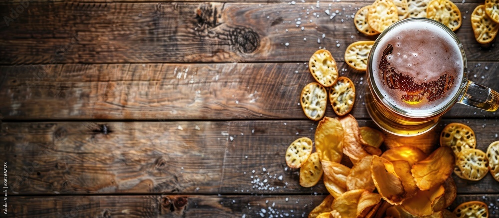 Poster top-down view of lager beer with snacks on a rustic wooden table, providing ample copy space in the 
