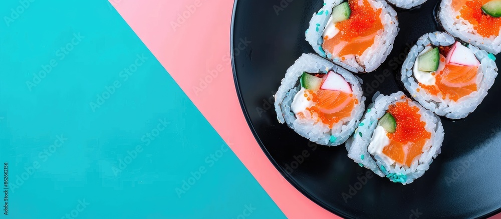 Poster top-down view of sushi rolls garnished with red mayonnaise sauce and cream cheese placed on a black 