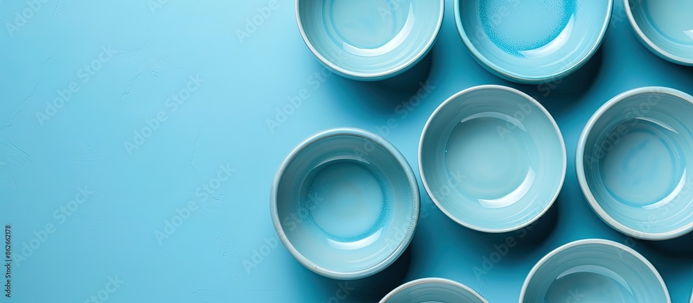 Poster light blue background with empty ceramic bowls, providing plenty of copy space for text.