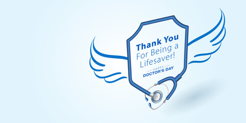 Happy Doctor's Day banner. wishes theme with wings and stethoscope. National Doctor's Day Concept.