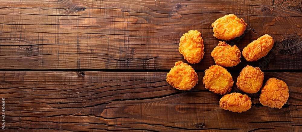 Fototapete Top view of chicken nuggets on a wooden background with depth of field and a blank space for text or images. Copy space image. Place for adding text and design
