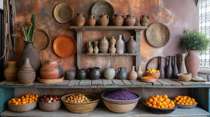 Fototapeta premium Countryside Kitchen Counter Full of Food Cooking Tools and Appliances in Morocco: Traditional Utensils, Rustic Ingredients, and Authentic Culinary Setting