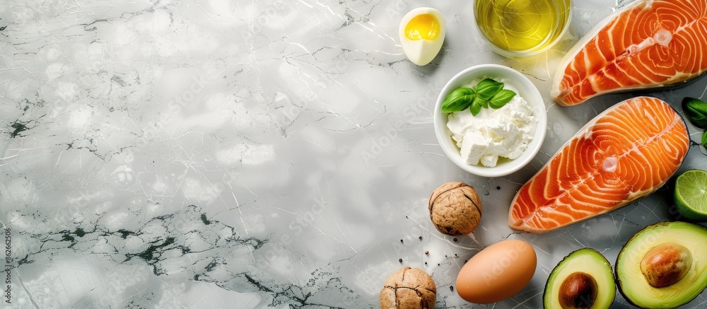 Poster Display of keto diet items on a light grey marble surface with room for text in the image. Copy space image. Place for adding text and design