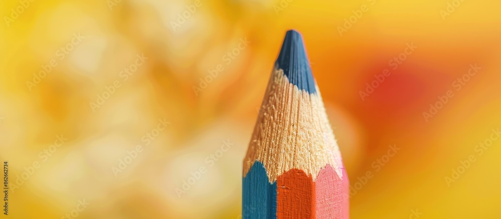 Poster close-up of colored pencil with focus on stylus, blurred yellow background, and copy space image for