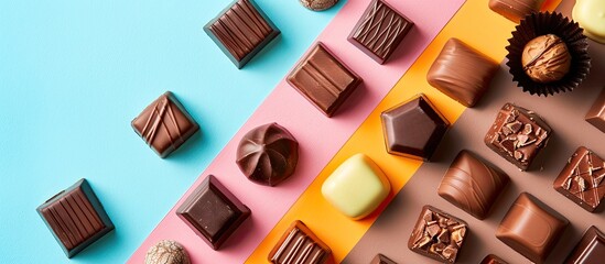 Top view of a variety of premium chocolates on a colorful background, emphasizing health and obesity concerns, with room for text or graphics in the image. Copy space image