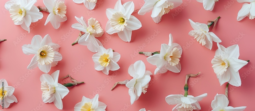 Fototapete Top view of white daffodils on a pink backdrop with room for text or other elements in the image. Copy space image. Place for adding text and design
