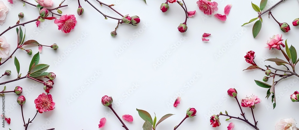 Poster top view of a frame featuring pink flower buds, branches, and leaves isolated on a white background 