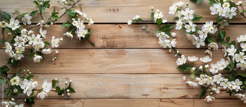 Poster elegant flower-filled branches set against a wooden backdrop make for a charming copy space image.