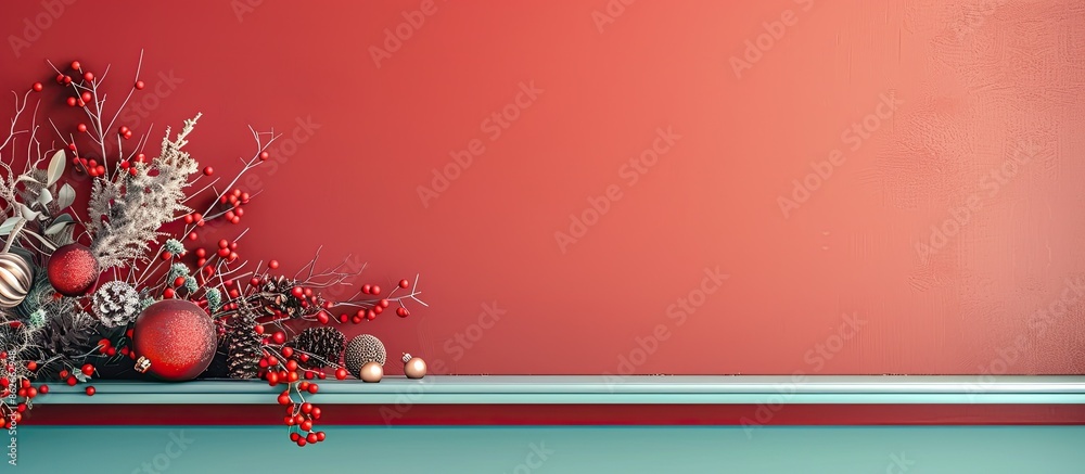 Aufkleber Elegant shelf with decorations on a colorful backdrop, perfect for a copy space image.