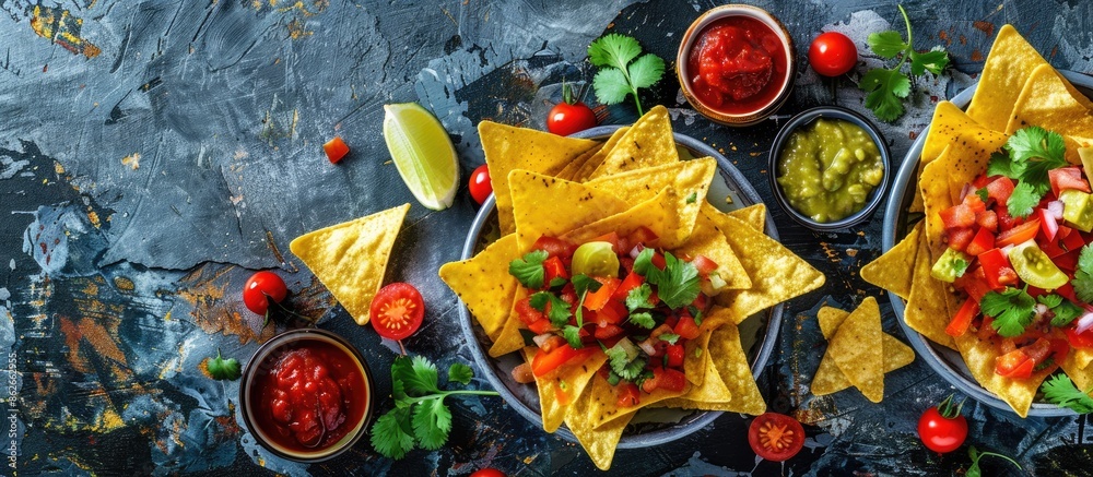 Poster A display of nachos positioned centrally in the photograph, captured horizontally with a textured layer, creating an appealing copy space image.
