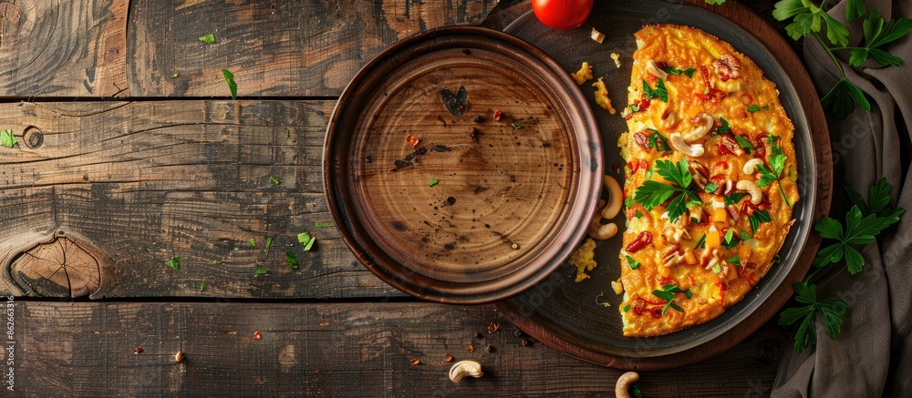 Aufkleber A top-down view of a chicken and vegetable omelet with nuts, set against a wooden backdrop, with ample space for additional content or text.