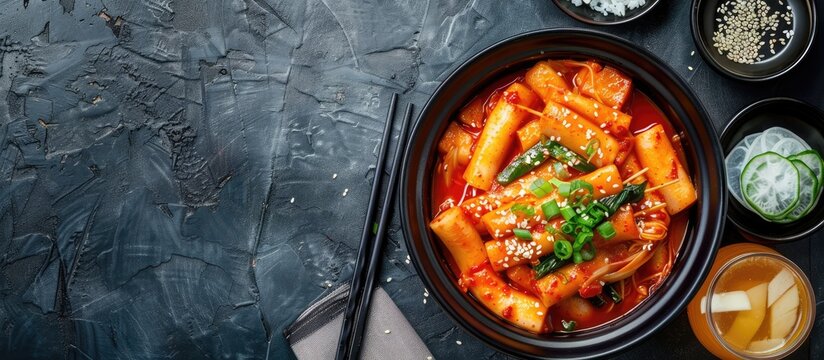 Korean street food like Tteokbokki and Rabokki - spicy rice cakes captured in an overhead flat lay image with chopsticks and a beverage, featuring copy space.