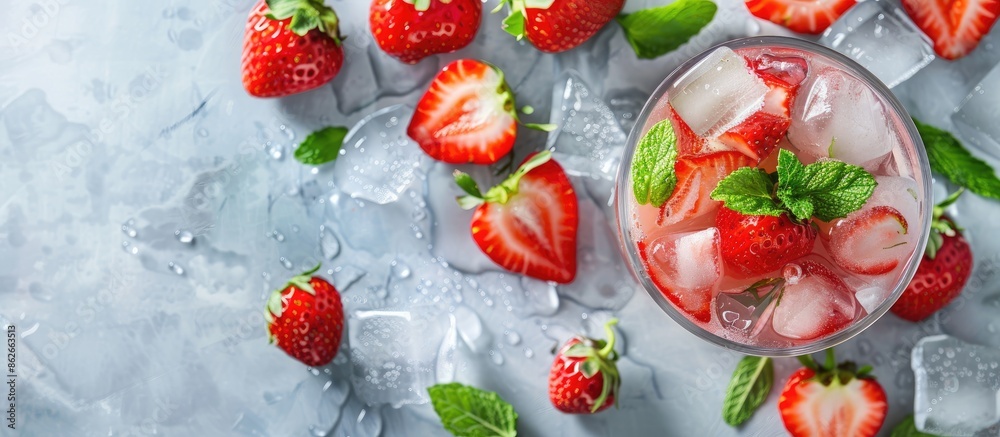 Poster top-down view of a refreshing summer drink featuring strawberries, ice, and mint, along with a vacan