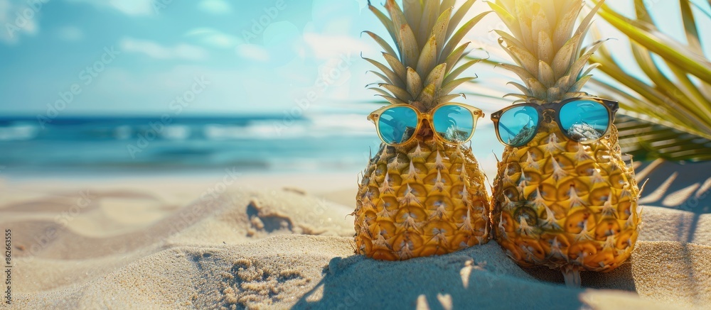 Poster Amusing pineapples with trendy sunglasses on sandy beach creating a lively scene in a copy space image.