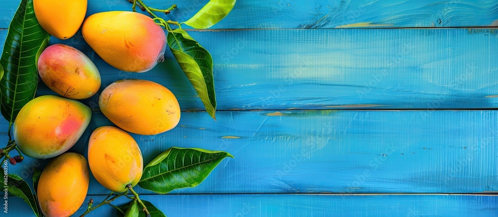 Poster free copy space image of a mango arranged artistically on a top view of a blue wooden background.