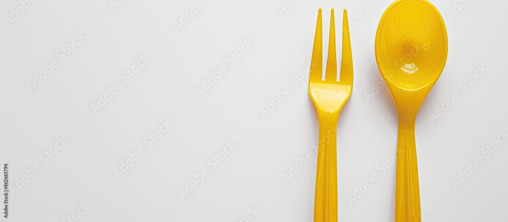 Poster yellow plastic fork and spoon on a white background with copy space image.