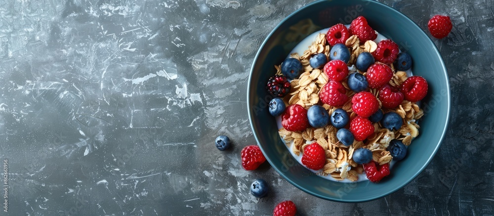 Poster nutritious breakfast option: muesli with milk and berries, shown in the copy space image.