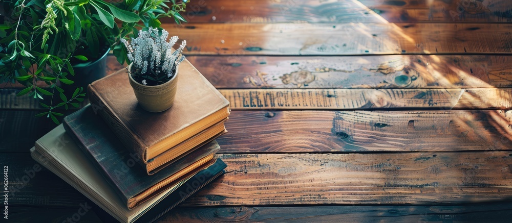 Poster back to school vibe with hardcover books on a wooden table, creating a cozy environment to study. co