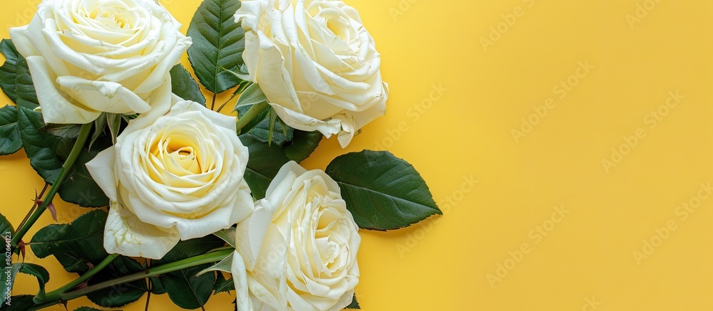 Fototapete Top view photo of white roses on a yellow background with space for text or image overlaid. Copy space image. Place for adding text and design
