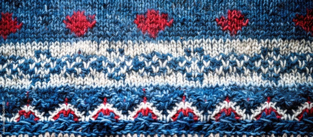 Poster Scandinavian-style knitting pattern on a blue backdrop with copy space image.