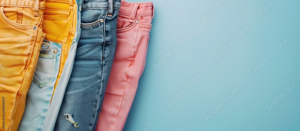 Poster display of various denim jeans next to a bright wall. includes copy space image.