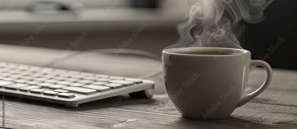 Poster essential work tools like a keyboard and mouse are paired with a steaming cup of coffee in the backg