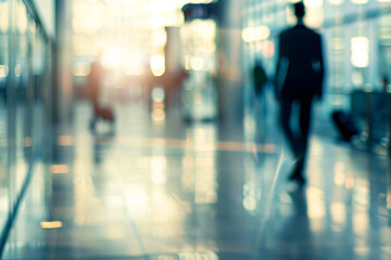 A blurred image of a businessman walking in a modern lobby creating a dynamic and professional atmosphere