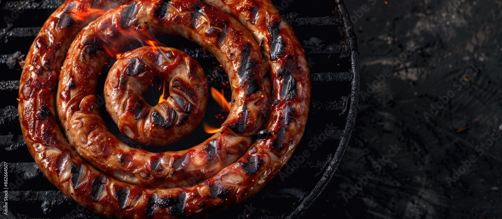 Poster Top-down view of barbecue grilled spiral pork sausages on a grill, set against a black background with ample space for additional content in the image.