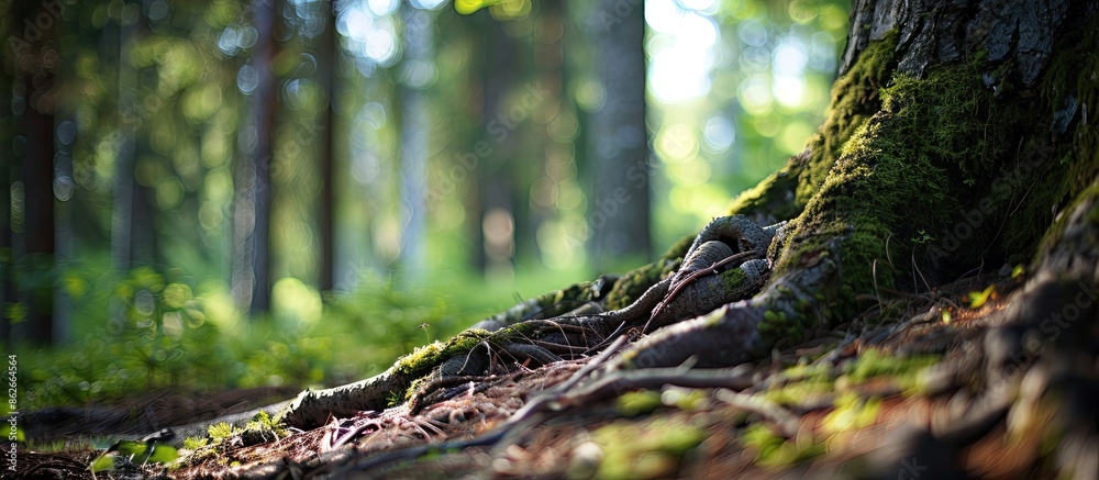 Leinwandbilder detailed close-up of pine tree roots in a forest, shot from a low angle to capture the natural scene