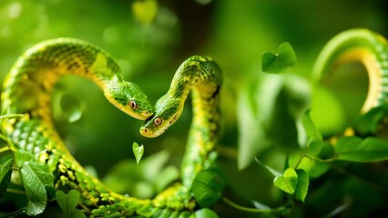 Two Green snakes forms a perfect heart shape and elegant motions against a leafy green background. Concept World Snake Day