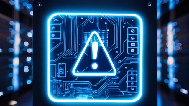 A glowing blue circuit board with an exclamation mark in the center.