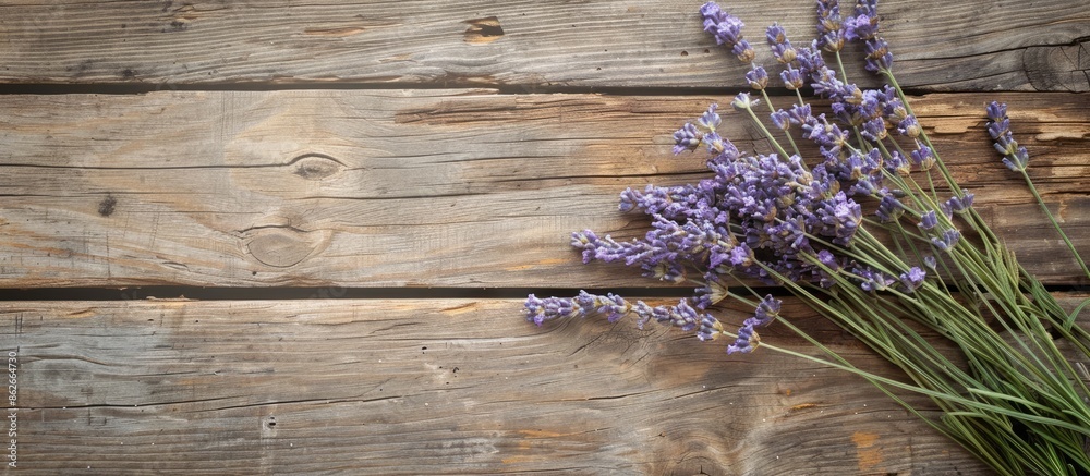 Poster lavender stems displayed on a rustic wooden surface with a blank space for additional imagery.