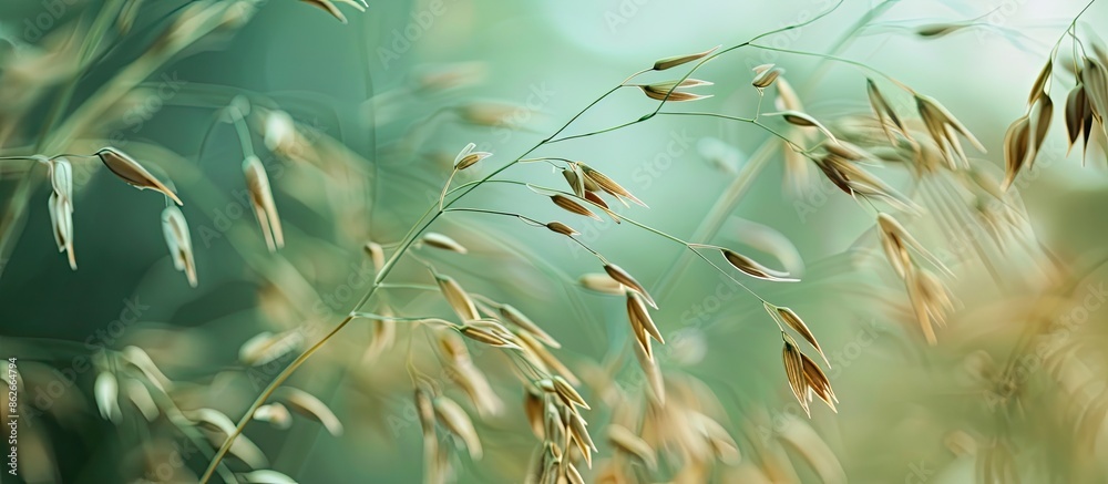Poster Detailed close-up of brown wild carrot seeds against a softly blurred green background, creating a visually appealing copy space image.