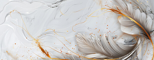 Obraz premium Abstract background with a marble texture and golden lines in the form of feathers.