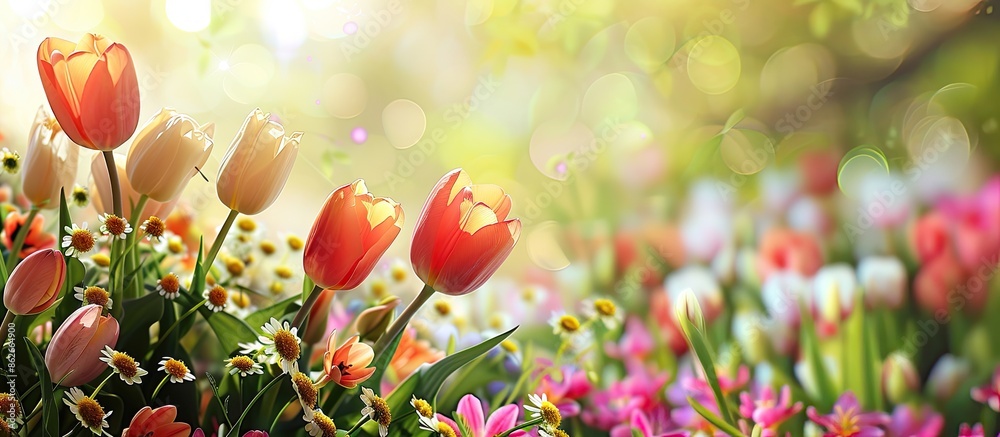 Poster spring-themed greeting card featuring a colorful flower-filled background, ideal for conveying the j