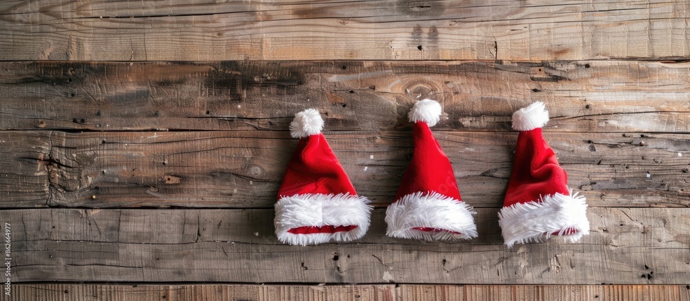 Aufkleber festive santa's helper hats displayed against a backdrop of rustic wood, evoking a cheerful ambiance