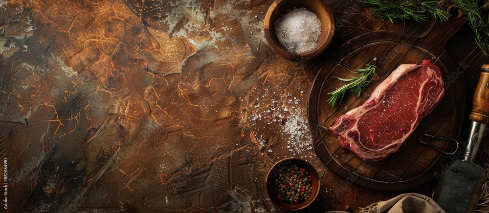 Aufkleber Rustic background featuring a top view of a second-course table setting with a raw ribeye steak and copy space image for text.